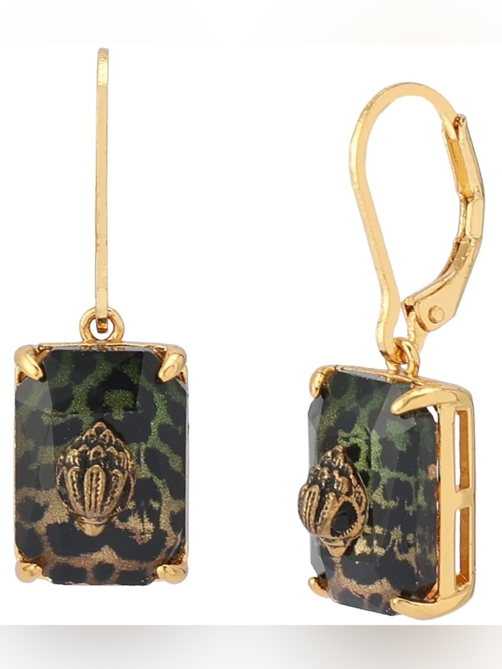 Kurt Geiger Gold-Tone Green and Black Leopard Glass Drop Earrings